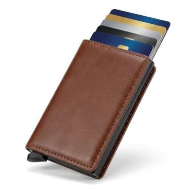 Imagem de Carteira masculina de fibra de carbono com porta-cartões pop-up com bloqueio de RFID, fina, minimalista, bolso frontal, capacidade para 9 a 14, compartimento para dinheiro, Marrom claro, Tendência