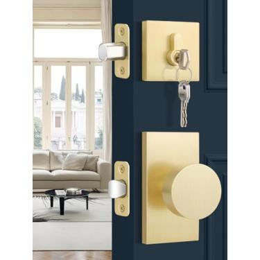 Imagem de EHOMEWARE Conjunto de 3 maçanetas e fechaduras douradas, maçanetas de porta de entrada com fechadura de cilindro único, conjuntos de fechadura de porta com chave, maçaneta de porta de latão resistente