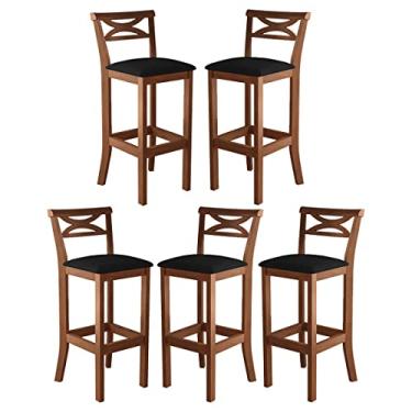 Imagem de Kit 5 Banquetas Alta X Estofada 38x104Cm Ilha Encosto Madri Madeira Maciça Pinhão Suede Preto - CCS