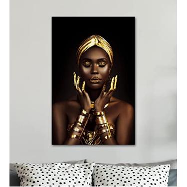 Imagem de Tela Quadro Mulher Negra Africana Dourado Decoração Quarto Sala Escritório 100x60cm