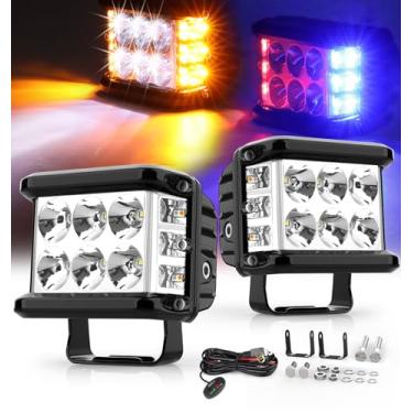 Imagem de NAOEVO Luzes de LED para atirador lateral, 6 modos de luz estroboscópica de 60 W com função de memória, luz de emergência fora da estrada de neblina para caminhão, barco, Jeep SUV com chicote de fios (âmbar branco azul vermelho)