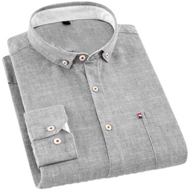 Imagem de ZMIN Camisa masculina slim fit de algodão de linho de manga comprida com bolso único de botão para o verão camisa casual lisa fina, Cinza, G