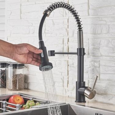 Imagem de Torneira de cozinha pull out stream pulverizador deck montado preto fosco torneira misturadora rotação de 360 graus pia da cozinha torneiras frias, níquel e preto