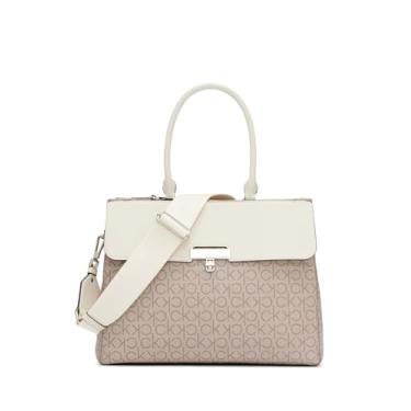 Imagem de Calvin Klein Bolsa feminina Becky – 2 em 1, couro vegano, monograma, 3 bolsos, Amêndoa/Castanho-Acinzentado/Branco, One Size