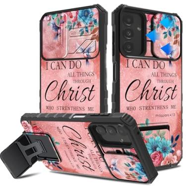 Imagem de CAPAUNVDA Capa para Samsung Galaxy A14 5G com capa deslizante para câmera e suporte embutido, capa protetora preta à prova de choque de grau militar para Galaxy A14 5G, Bíblia Filipenses 4-13