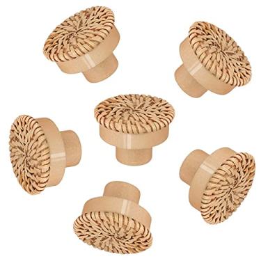 Imagem de Aigeou 6 maçanetas redondas de vime de vime feitas à mão, puxadores de gaveta, puxadores com 3 parafusos de tamanho para armários, ferragens, armário, cozinha, boho, móveis de madeira, decoração de