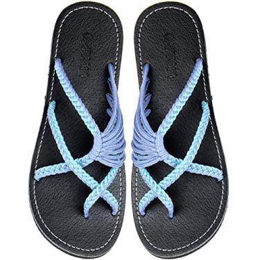 Imagem de Capana Sandálias rasteiras femininas de tecido - sandálias trançadas com tiras, sandálias de praia para mulheres verão elegante, sandálias boêmia de corda, sapatos femininos casuais de primavera,