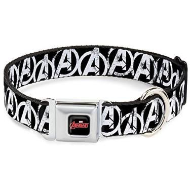 Imagem de Buckle-Down Coleira para cães com fivela de cinto de segurança – Logotipo Vingadores "A" desgastado preto/branco – 3,8 cm de largura – Serve para pescoço de 40,6 a 58,4 cm – Médio