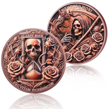 Imagem de Moeda Mori Memento Crânio Ampulheta, Moeda de Desafio Estóico Grim Reaper - Medalhão de Bronze EDC Estoicismo - Lembretes Diários e Tokens de Prática - Presentes estoicos para homens e mulheres
