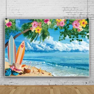 Imagem de Pano de fundo de praia tropical verão ilha litorânea palmeiras fotografia fundo céu azul nuvens brancas flores coloridas decorações de prancha de surf para festa na praia do Havaí faixa foto adereços