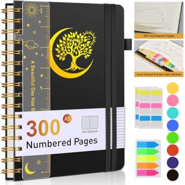 Imagem de PAIBAS Caderno espiral – 300 páginas numeradas, papel pautado 100 g/m2, capa de plástico, bolso interno – Cadernos A5 para trabalho, escola, faculdade, pautado para homens e mulheres, 14,7 cm x 21,3
