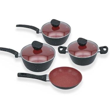 Imagem de Conjunto Jogo 4 Panelas Antiaderente Preta Vermelha Tampa de Vidro Ind