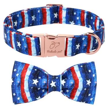 Imagem de Babole Pet Coleira para cães de 4 de julho com gravata borboleta - bandeira dia estrelas e listras patriótico coleira borboleta dia da independência coleira de segurança para cães pequenos, médios e