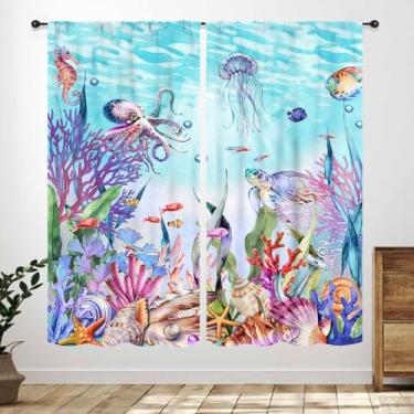 Imagem de Cortina costeira náutica, temática oceânica, concha, praia, estrela-do-mar, cavalo-marinho, verão, azul, subaquática, tratamentos de janela para quarto, sala de estar, banheiro, 2 painéis, 106 x 113