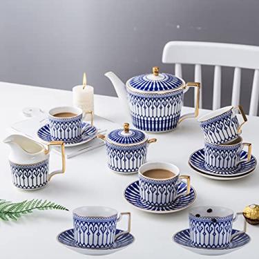 Imagem de AKALNNB Conjunto de chá de porcelana azul xícaras de café e pires conjunto de café de cerâmica com bule de chá, açucareiro, colheres de chá, 11 peças