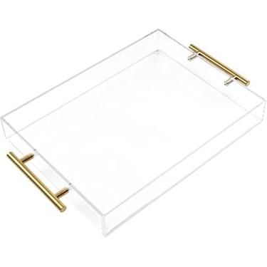 Imagem de Bandeja de acrílico transparente de 30,48 cm x 40,64 cm com alças douradas, bandeja de acrílico resistente e grande capacidade para café, suco, cozinha e mesa