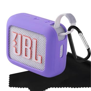Imagem de Ziseyoru Capa de silicone para alto-falante JBL Go 4 ultra portátil com pano de limpeza de microfibra macio, compatível com acessórios de capa protetora JBL Go 4 com mosquetão (roxo)