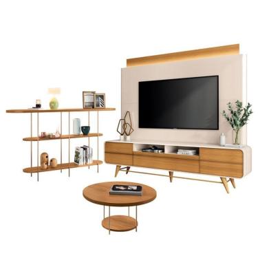 Imagem de Estante Home Theater Nobre Off White Cinamomo E Aparador Infinity E Mesa De Centro Sky Cinamomo – Hb Móveis