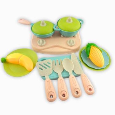 Imagem de Kit Utensílios de Cozinha Infantil Brinquedo Educativo com Panelinhas e Alimentos Material Orgânico de Trigo