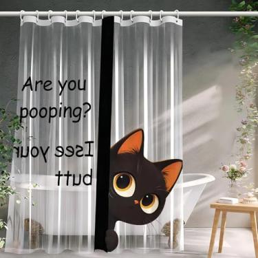Imagem de Forro de cortina de chuveiro de gato preto bonito e engraçado, você está cocô, cortinas de chuveiro divertidas de gato anime para banheiro, conjunto de cortina de chuveiro de plástico legal de verão