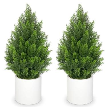 Imagem de Briful Árvore de topiária de cedro artificial de 68,5 cm em vaso branco, 2 peças – Planta perene falsa realista com folhas em camadas, arbusto decorativo em vaso interno e externo para casa