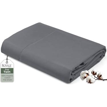 Imagem de Royale Linens Lençol de cima solteiro 100% algodão orgânico – super macio – Lençol de cima percal – Lençol de cima solteiro vendido separadamente – Apenas lençóis cinzentos respiráveis, frescos e