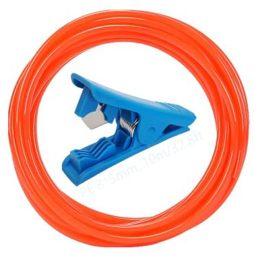 Imagem de CESFONJER Tubo de irrigação por gotejamento OD 8 mm x ID 5 mm, tubo de irrigação de água, mangueira de irrigação de jardim PE laranja com cortador de tubo azul para sistema de irrigação por