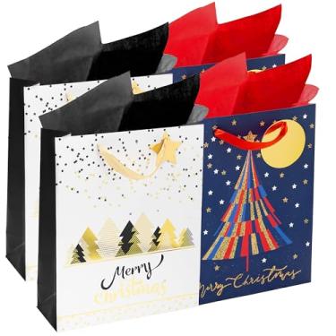 Imagem de RACHELLE'S Sacos de presente de Natal – Grande 40,6 x 30,5 x 12,7 cm (pacote com 4) – Sacos de presente de papel resistente com papel de seda, etiqueta e alça – Design de árvores de Natal – Perfeito