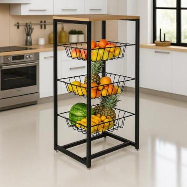 Imagem de Fruteira de Chão Cozinha Montada Aço Preto Tampo Canela Roma - Império