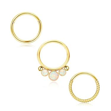 Imagem de Fiiuos 3 anéis de nariz, argolas de aço cirúrgico 316L, zircônia/opala, 16G, piercing de septo, argola articulada, cartilagem, hélice, tragus, concha, torre, lóbulo daith, argola sem costura, unissex