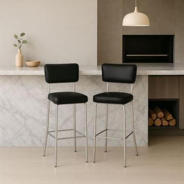 Imagem de Kit 2 Banquetas Olivia Alta Bar Cozinha Cromada Assento Grosso Preto E