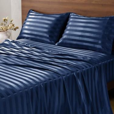 Imagem de BEDELITE Jogo de lençóis de cetim Queen, luxuoso jacquard listrado azul-marinho com alças elásticas no canto, semelhante ao conjunto de lençóis de seda, 4 peças com 1 lençol com elástico profundo, 1