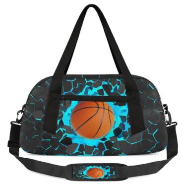 Imagem de Bolsa de viagem de academia para meninos – Bolsa infantil de fim de semana com bolso frontal com zíper para prática escolar, bolsas de mão para adolescentes, Bola de basquete azul 3D, Esportivo