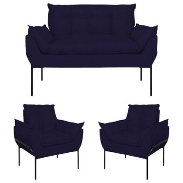 Imagem de Kit 02 Poltronas + Namoradeira Pé Metal Preto Recepção Sala Cor:azul Marinho