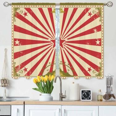Imagem de Gpiaoyfo Cortinas de cozinha circo vintage carnaval cabaré Funfair Art Poster cortinas de camada curta para banheiro, café, cortinas de janela pequena, tratamento 2 painéis (27,5 x 39 polegadas)