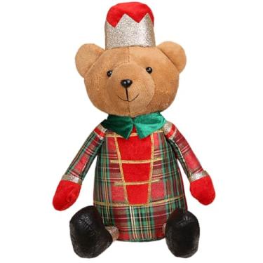 Imagem de Surakey Enfeite de mesa de urso de desenho animado de Natal sentado boneco de urso xadrez estatueta decoração de mesa para mesa de Natal centro de mesa ano novo inverno prateleira vitrine decorações