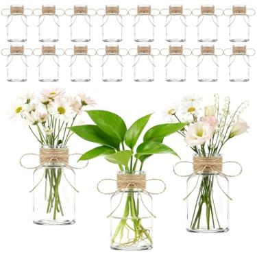 Imagem de Pacote com 16 vasos de vidro vintage para flores, pequenos vasos transparentes vintage para centros de mesa, vasos de flores de fazenda, mini garrafa decorativa de cristal com laços de corda de