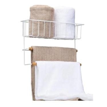 Imagem de Porta Toalha Duplo Banho C/Suporte Aço Bambu Adesivo Branco - Branco