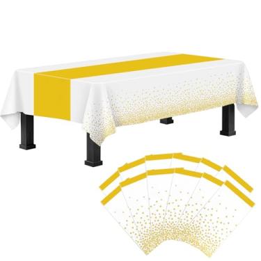 Imagem de Toalha de mesa retangular de plástico, 12 unidades de toalha de mesa descartável branca e dourada, capa de plástico retangular para aniversários, férias, casamento, noivado, aniversário, 137 x 272 cm