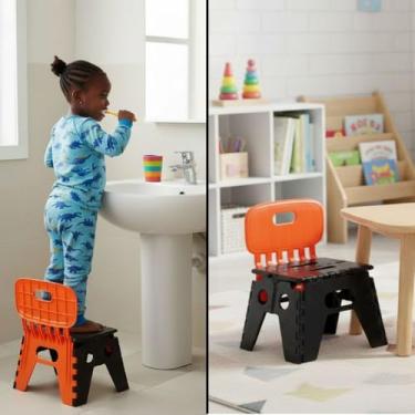 Imagem de Banco Banquinho C/Encosto Dobrável Reforçado em Plástico Preto e Laranja, Portátil com Alça, Ideal para Casa e Uso Profissional – 100kg