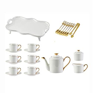 Imagem de LMJYU Conjunto de chá de café de porcelana branca com 21 peças para adultos e serviço de pires de cerâmica para 6, bule de chá, açucareiro, jarra de creme e colheres de chá.