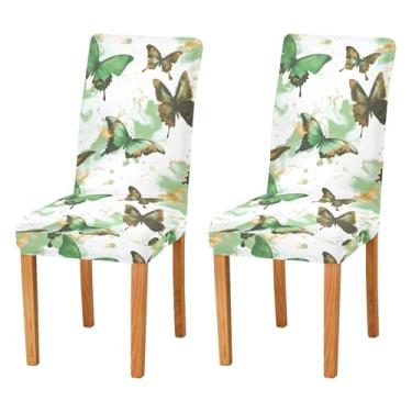 Imagem de Wassud Capas de cadeira de borboletas verdes e marrons para jantar capas de cadeira elásticas de cozinha laváveis conjunto de 2