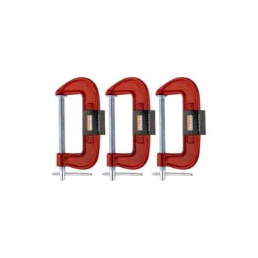 Imagem de Kit Grampo Tipo C, Ferro Fundido, Vermelho, 3 Peças, 12cm/9cm/6cm, para Marcenaria e Carpintaria
