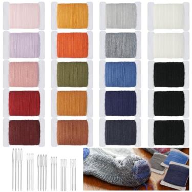 Imagem de Jexine 20 fios para cerzir, 50% lã, 50% fio acrílico, kit de 1200 m, com 24 peças de agulhas de costura de olhos grandes para roupas, meias, brinquedo de pelúcia, adultos, faça você mesmo, cuidados de