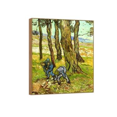 Imagem de BMZFYBS Vincent van Gogh Famosa pintura em tela de arte de parede pronta para pendurar. Diggers Among Trees. Imagem em moldura de madeira para decoração de sala de estar 90 x 108 cm 35 x 42 pol