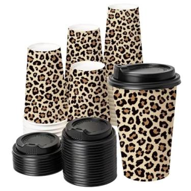 Imagem de AnyDesign 50 peças de chávenas de café descartáveis de guepardo com tampas, copos de papel leopardo para animais da selva, suprimentos de festa de aniversário, 473 ml