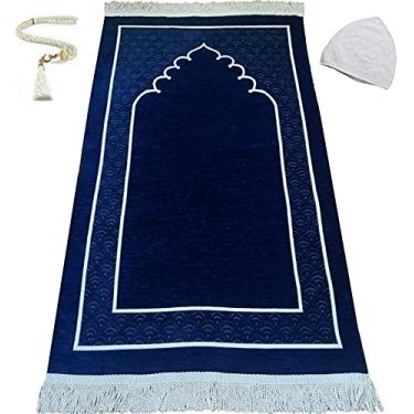 Imagem de EDUS Tapete de oração muçulmano turco, 99 contas de oração e chapéus Kufi para homens, mulheres e crianças, tapete de veludo portátil, tapete de oração Ramadã (azul marinho)