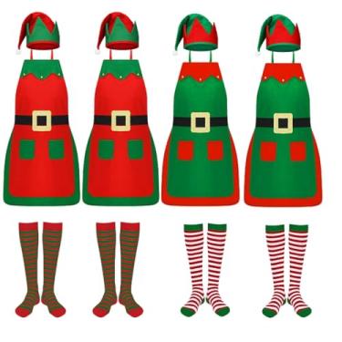 Imagem de Cotwinter Conjunto de avental de elfo de Natal com chapéu e meias avental de elfo adulto com bolso para presente de festa de Natal, cozinha, Vermelho e verde, One Size