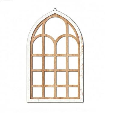 Imagem de Fenteer Espelho de janela arqueada, espelho com painel de janela, espelhos de parede decorativos rústicos e simples para entrada, penteadeira e decoração de, Marrom