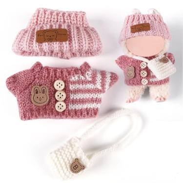 Imagem de Compatível com Labubu (sem boneca) - Conjunto de malha rosa (chapéu + suéter + calça + bolsa branca) com patch de coelho, roupas de boneca de 15 cm/17 cm (rosa, com bolsa)